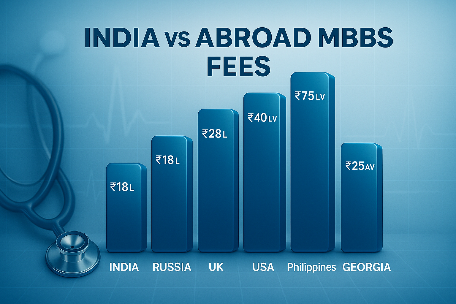"MBBS fees comparison in India vs abroad with bar chart of Russia, UK, USA, Philippines and Georgia"