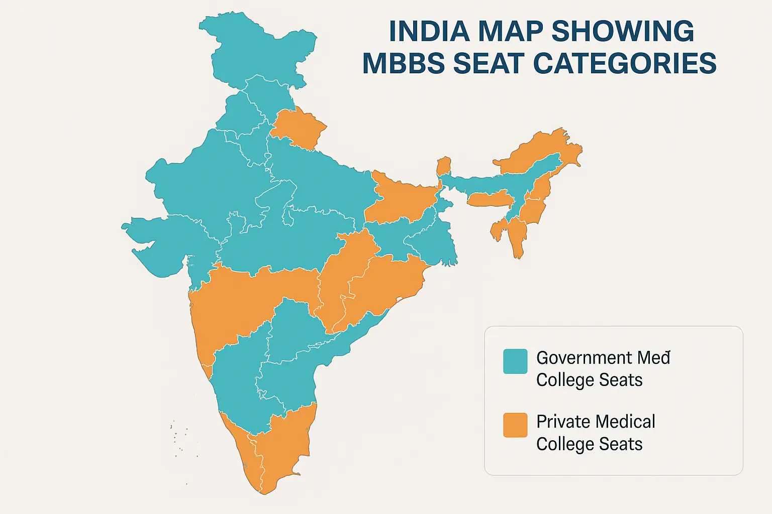 "India map showing MBBS seat categories divided into government and private medical college seats"